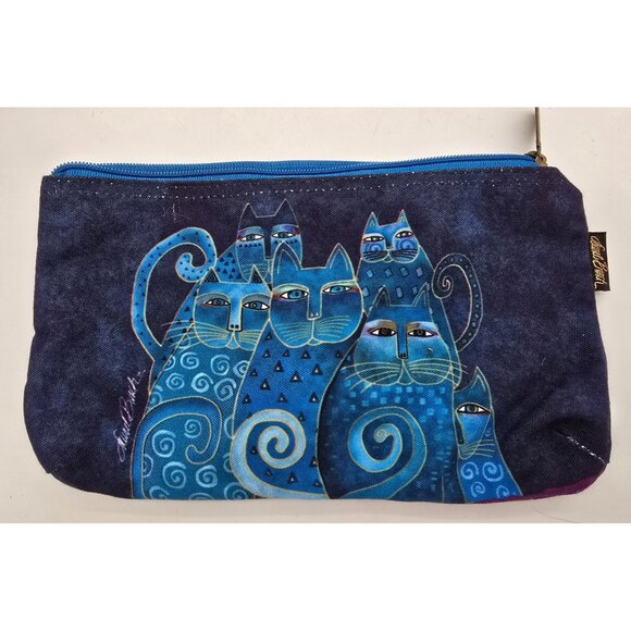 Laurel Burch Cat Design Blue Zipper Pouch Bag 9" X 6" Cotton & Polyester - Picture 2 of 2
